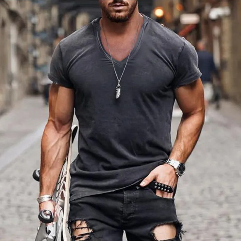 Herren T-Shirt V-Ausschnitt Baumwolle Weiß