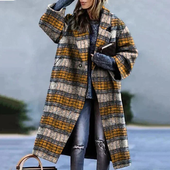 Damen Oversize Karomantel Langer Eleganter Wintermantel