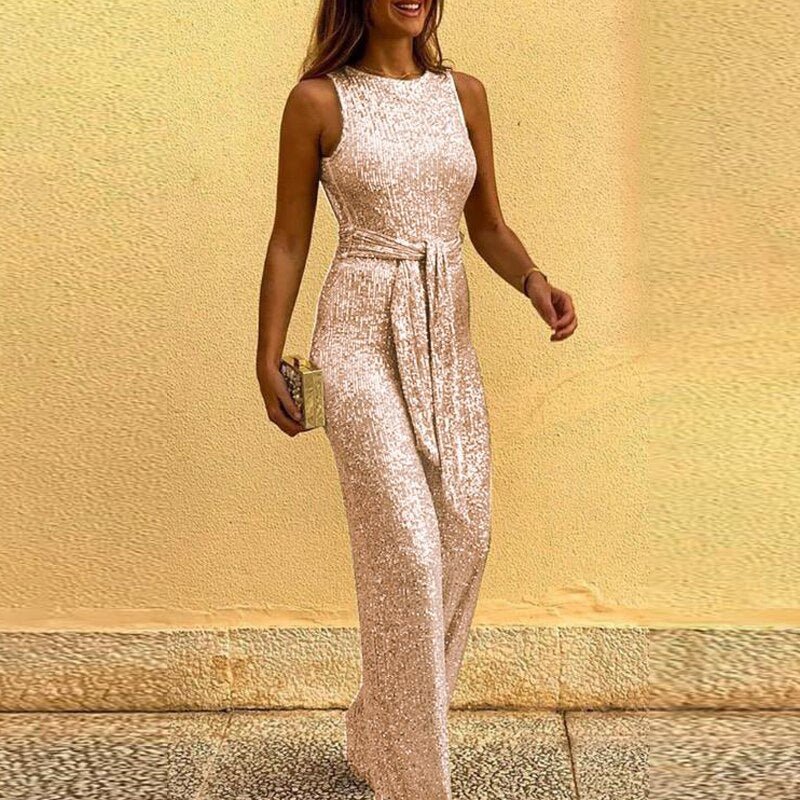 Damen Ärmellose Jumpsuit mit Bindegürtel