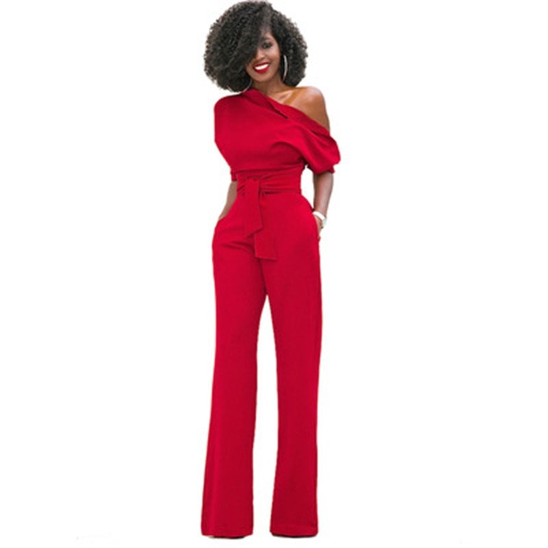 Damen Jumpsuit Ein-Schulter Weites Bein Mit Taillengürtel