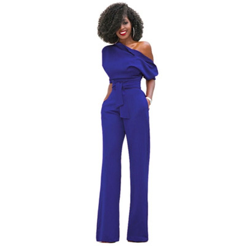Damen Jumpsuit Ein-Schulter Weites Bein Mit Taillengürtel