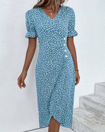 Damen Blumenmuster Midikleid V-Ausschnitt Wickelkleid