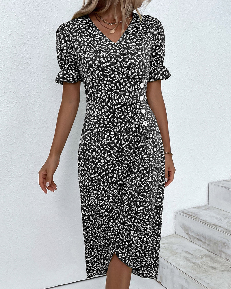 Damen Blumenmuster Midikleid V-Ausschnitt Wickelkleid