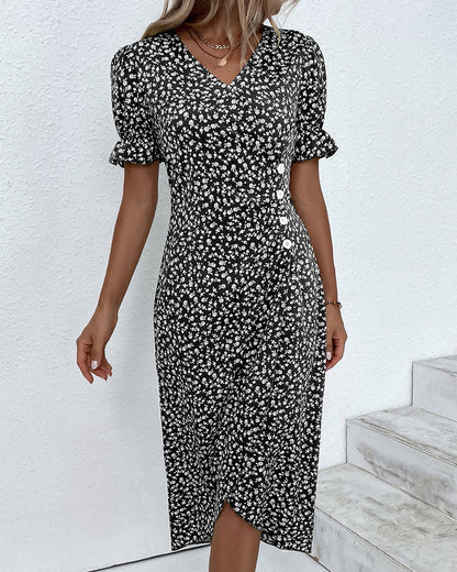Damen Blumenmuster Midikleid V-Ausschnitt Wickelkleid
