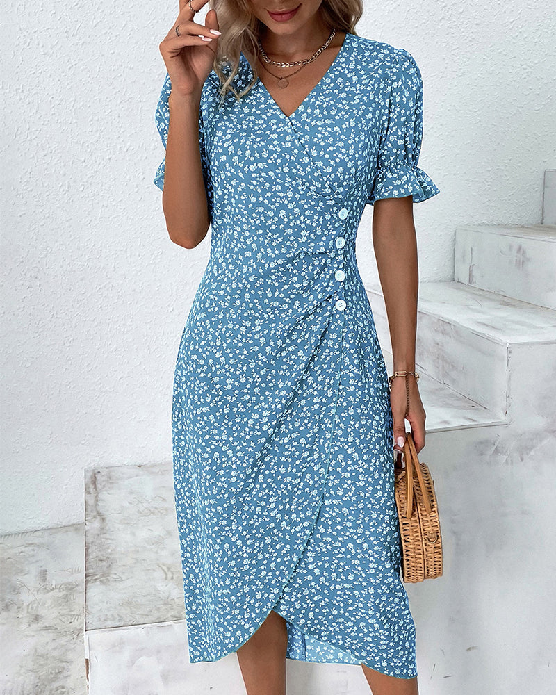 Damen Blumenmuster Midikleid V-Ausschnitt Wickelkleid