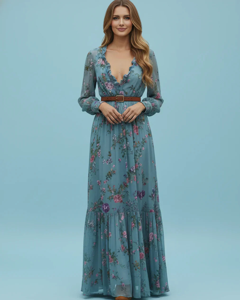 Damen Maxikleid Langarm Niedriger V-Ausschnitt Eveloria