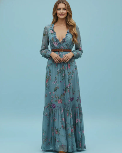 Damen Maxikleid Langarm Niedriger V-Ausschnitt Eveloria