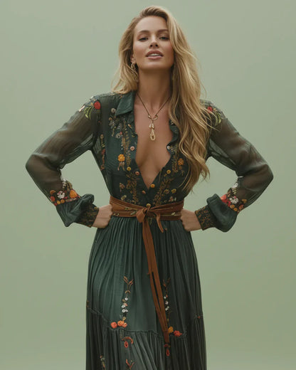 Damen Maxikleid Langarm Niedriger V-Ausschnitt Eveloria