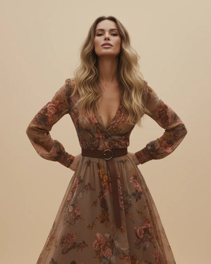 Damen Maxikleid Langarm Niedriger V-Ausschnitt Eveloria