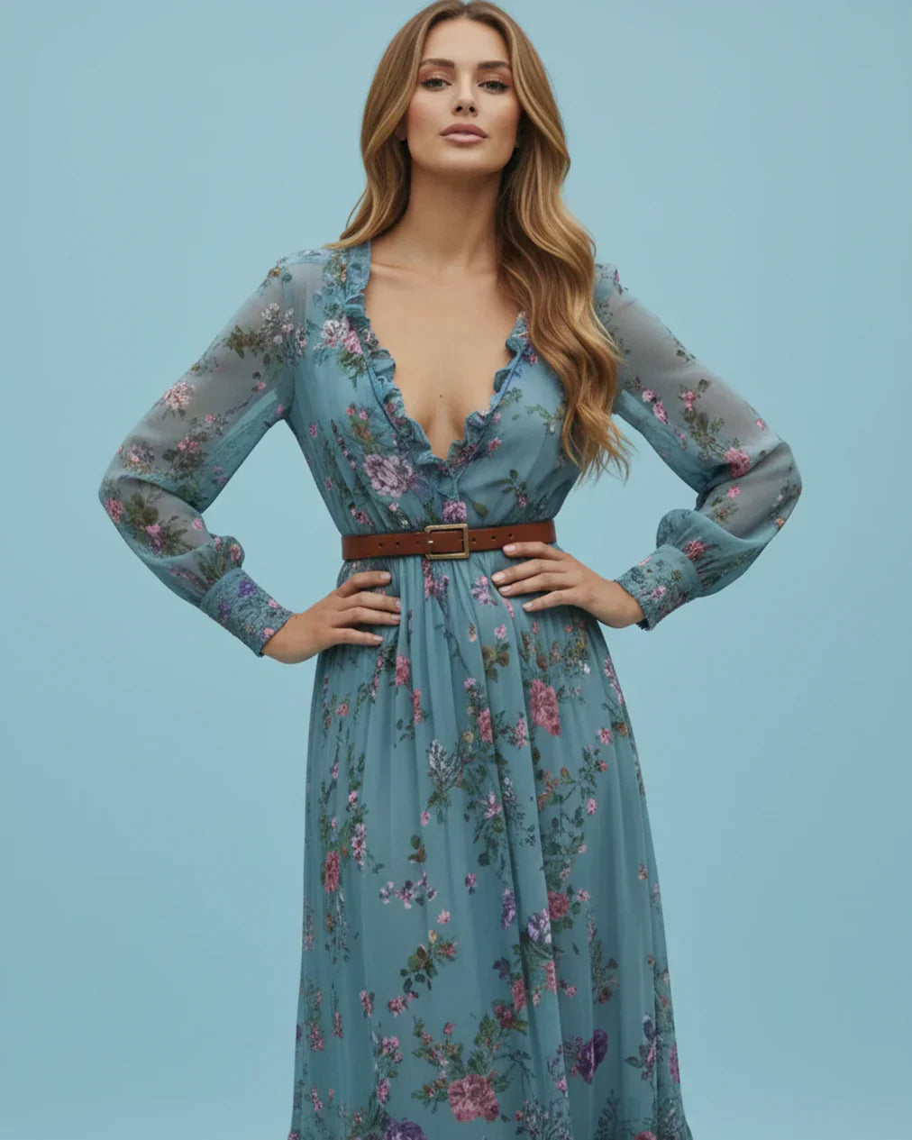 Damen Maxikleid Langarm Niedriger V-Ausschnitt Eveloria