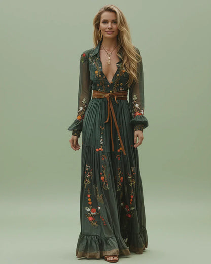 Damen Maxikleid Langarm Niedriger V-Ausschnitt Eveloria - Eveloria