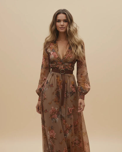 Damen Maxikleid Langarm Niedriger V-Ausschnitt Eveloria