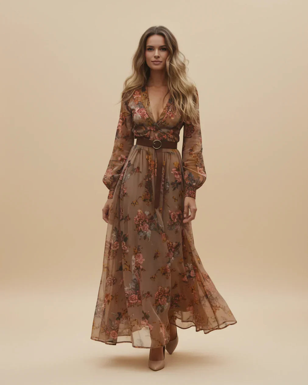 Damen Maxikleid Langarm Niedriger V-Ausschnitt Eveloria