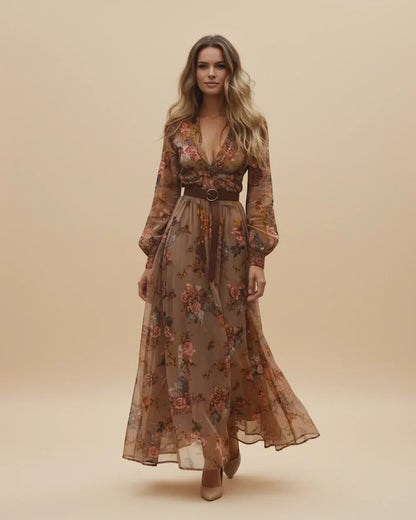 Damen Maxikleid Langarm Niedriger V-Ausschnitt Eveloria