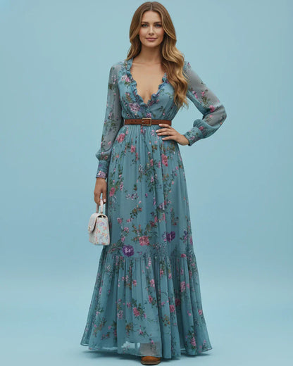 Damen Maxikleid Langarm Niedriger V-Ausschnitt Eveloria