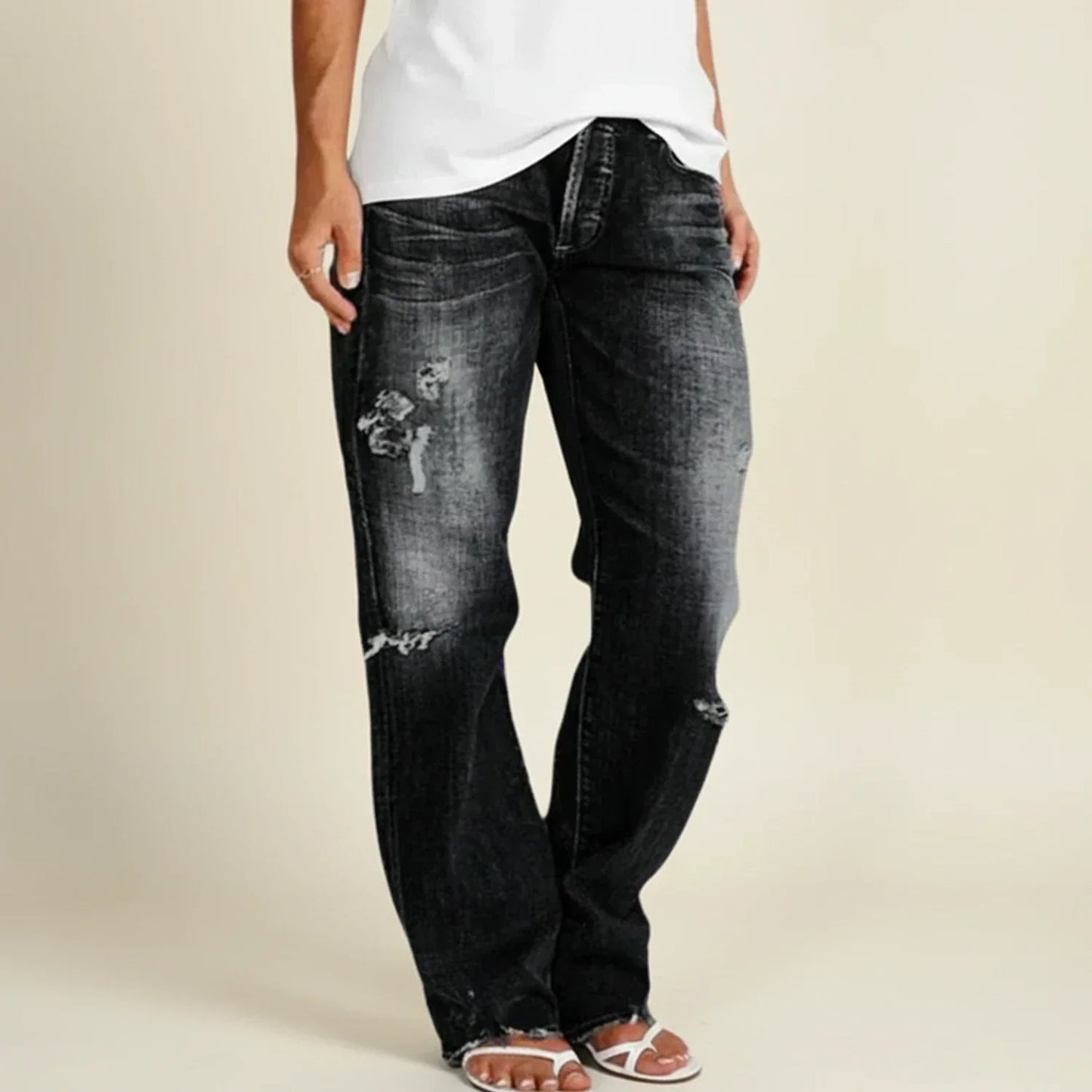 Damen Highwaist Jeans Gerades Bein Used Look
