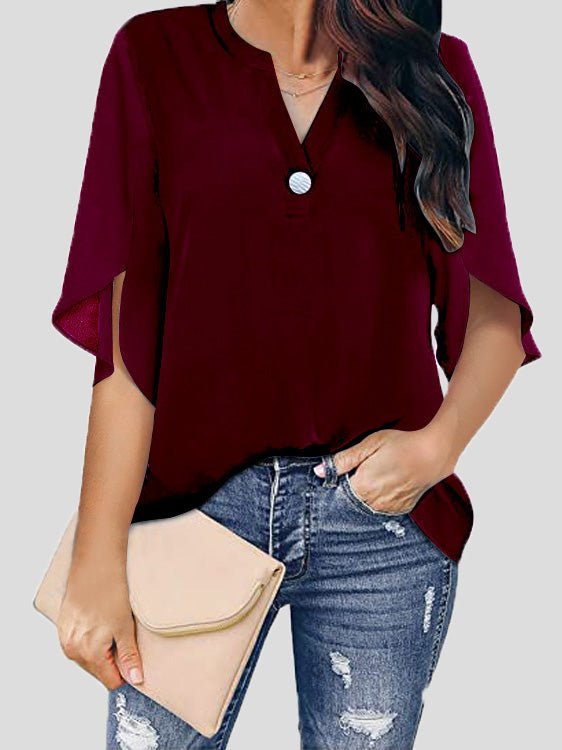 Damen Bluse Lässig V-Ausschnitt Chiffon Kurzarm Bluse