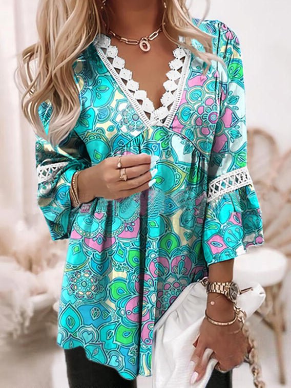 Damen Bluse Spitze V-Ausschnitt 3/4 Ärmel Gedruckt - Eveloria