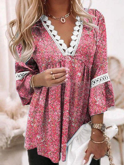Damen Bluse Spitze V-Ausschnitt 3/4 Ärmel Gedruckt