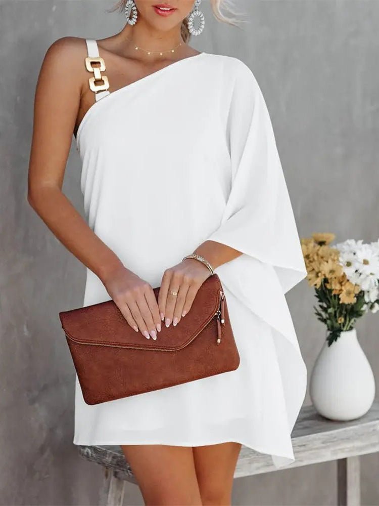 Damen Off-Shoulder Kleid mit Puppenärmel und Metallträger