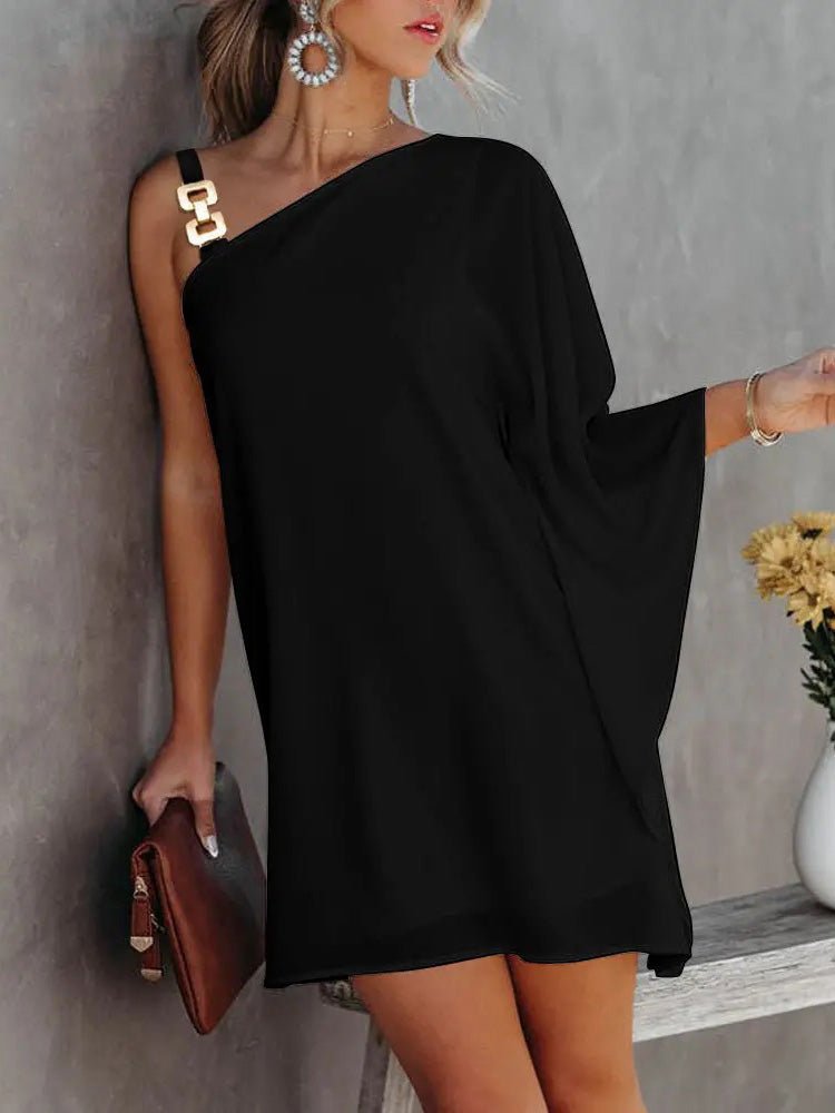 Damen Off-Shoulder Kleid mit Puppenärmel und Metallträger - Eveloria