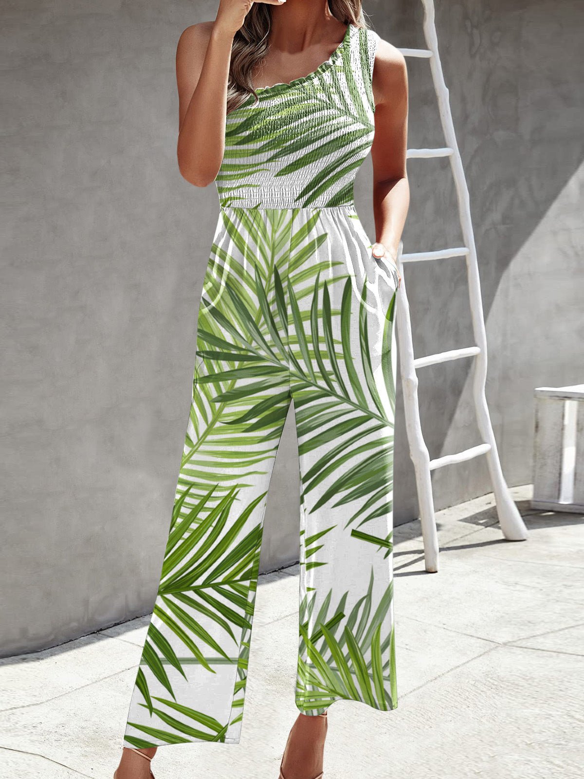 Damen Jumpsuit Ein Schulter Gedruckt Breite Bein
