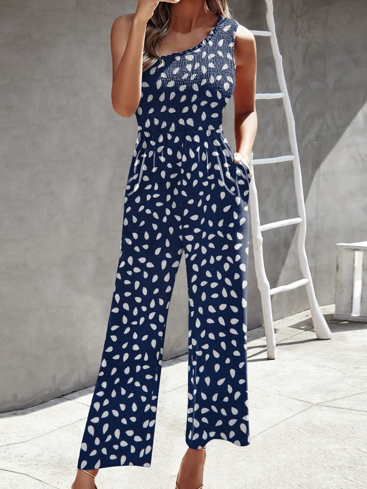 Damen Jumpsuit Ein Schulter Gedruckt Breite Bein Schwarz - Eveloria