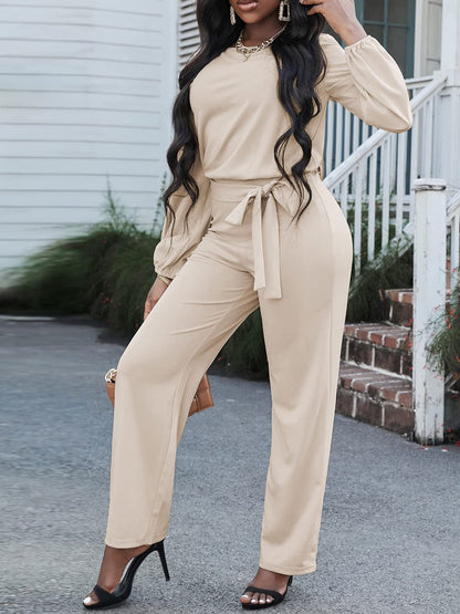 Damen Jumpsuit Einfarbig Langarm Mit Gürtel Lässig
