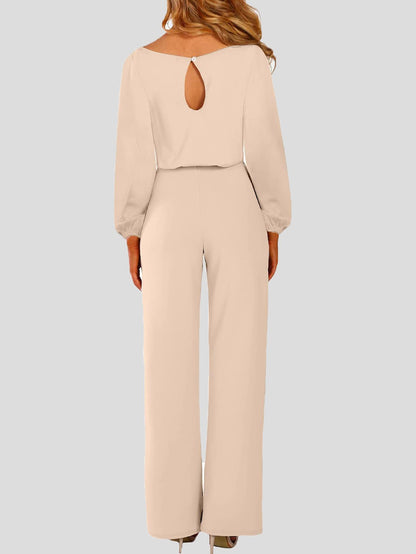 Damen Jumpsuit Einfarbig Langarm Mit Gürtel Lässig Schwarz - Eveloria