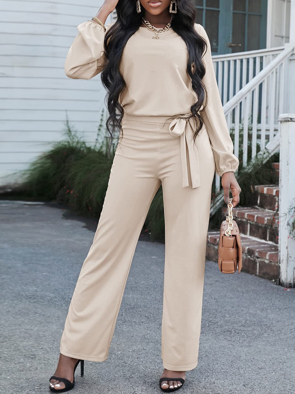 Damen Jumpsuit Einfarbig Langarm Mit Gürtel Lässig