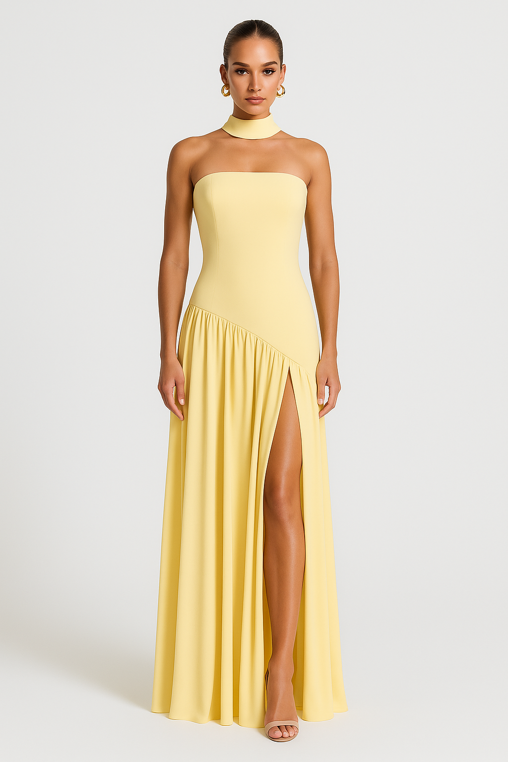 Damen Trägerloses Maxi-Kleid mit Schlitz Schwarz - Eveloria