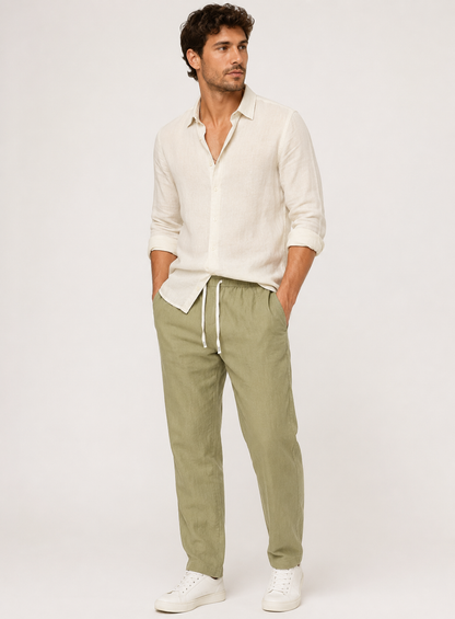 Herren Leinenhosen mit Taschen und Kordelzug Beige