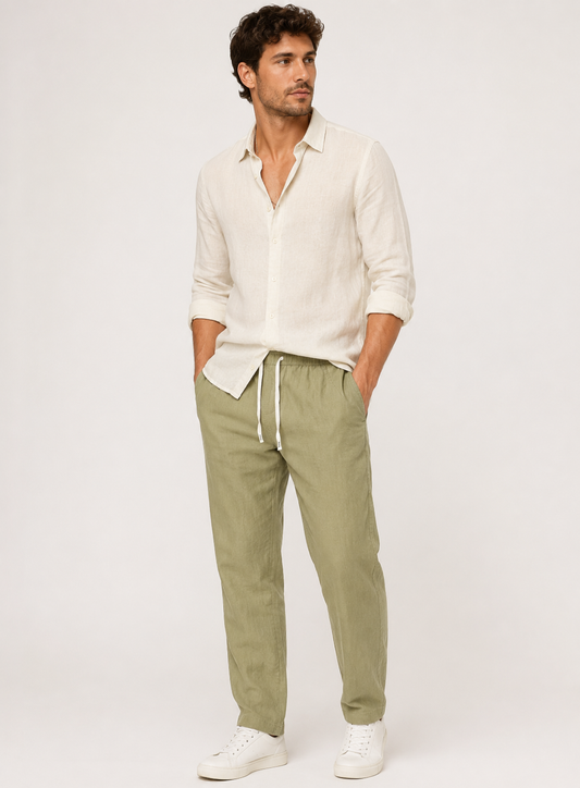 Herren Leinenhosen mit Taschen und Kordelzug Beige