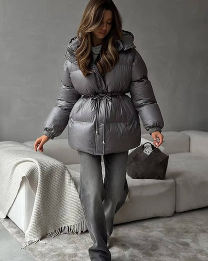 Damen Winter-Steppjacke Kordelzug Glanzfinish
