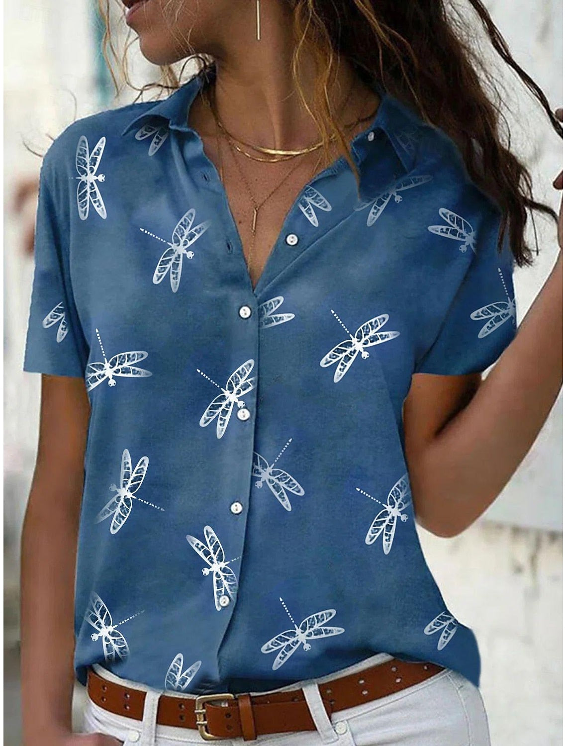 Damen Sommerbluse Libellen-Print Leichtes Hemd