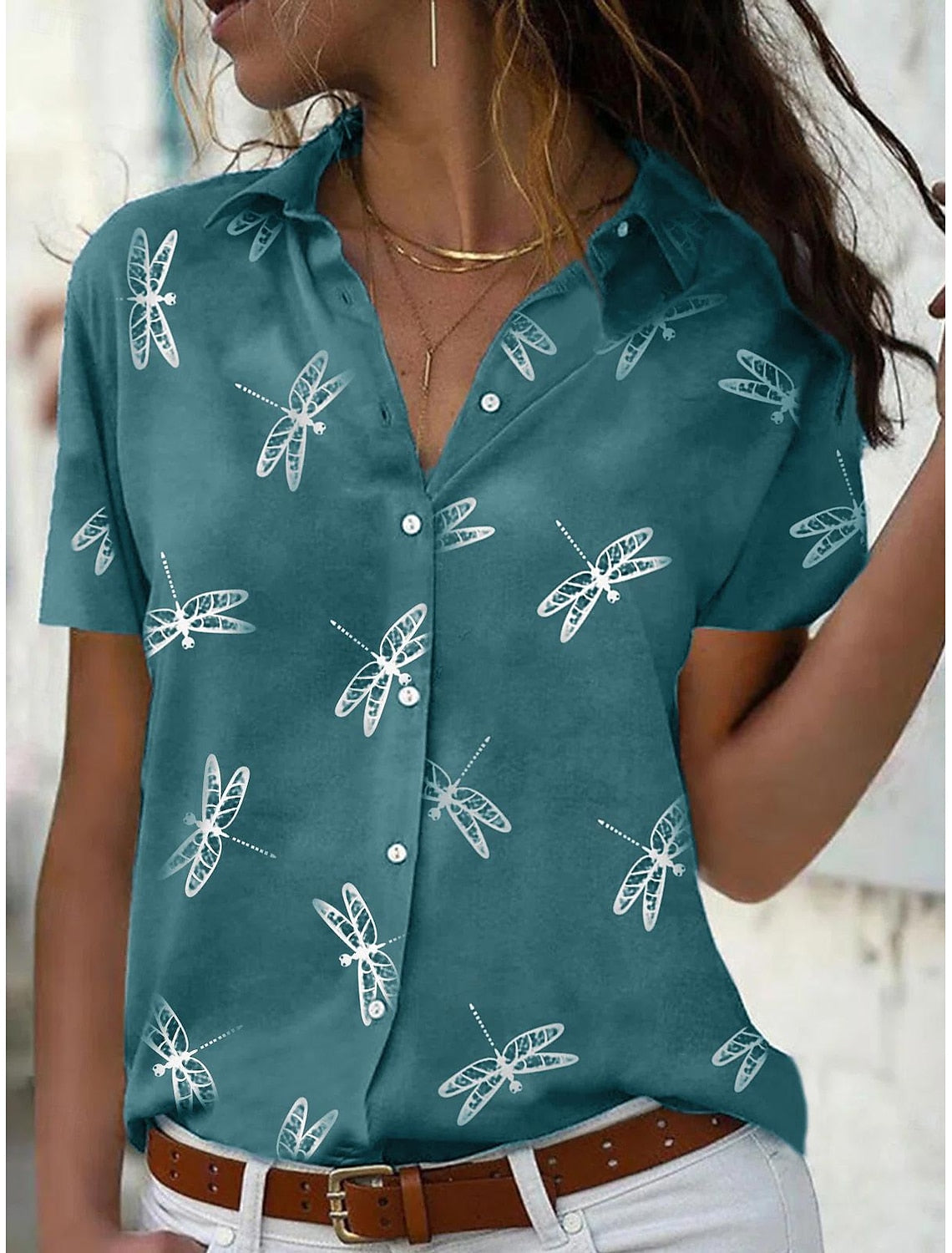Damen Sommerbluse Libellen-Print Leichtes Hemd