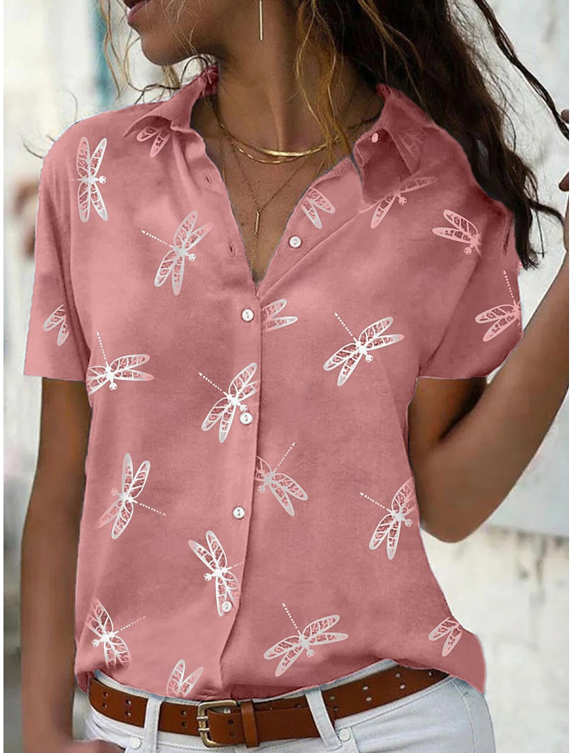 Damen Sommerbluse Libellen-Print Leichtes Hemd - Eveloria