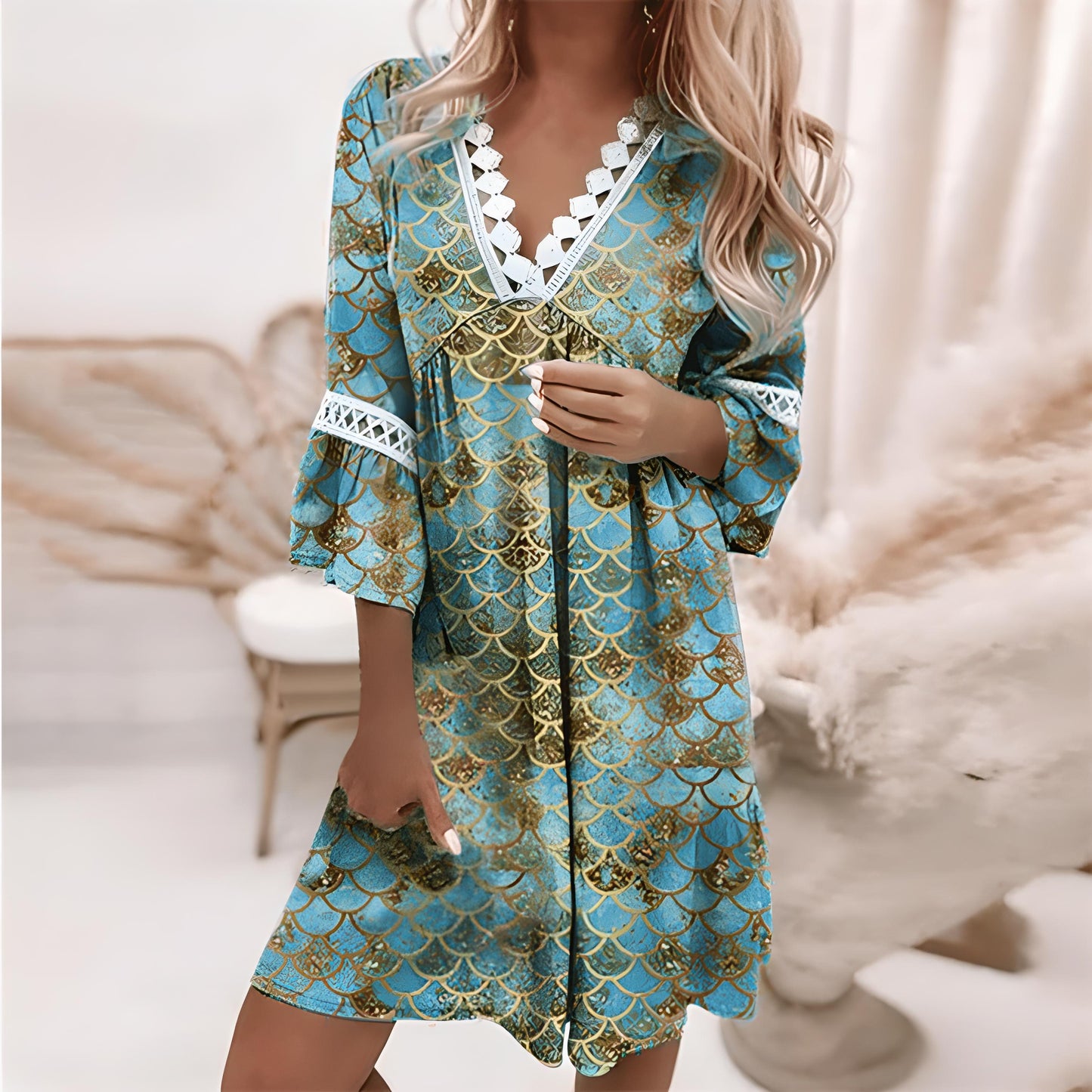 Mare Damen Sommerkleid V-Ausschnitt Spitze Langes Ärmel Minikleid