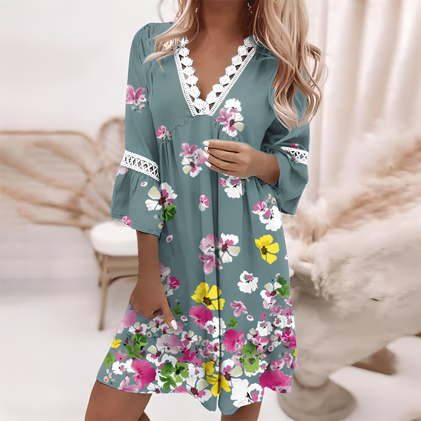 Mare Damen Sommerkleid V-Ausschnitt Spitze Langes Ärmel Minikleid
